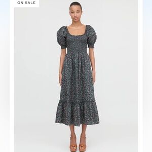 Hill House Louisa Dark Green Floral Smocked Midi Dress with Puff Sleeves